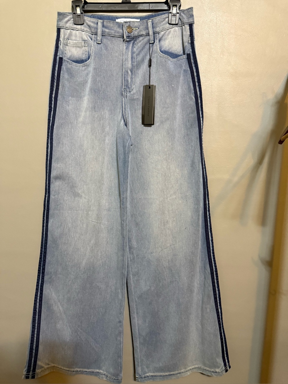 Evolve Denim High-Rise Light Blue Wide-Leg Jeans with Navy Side Stripes Sz 9